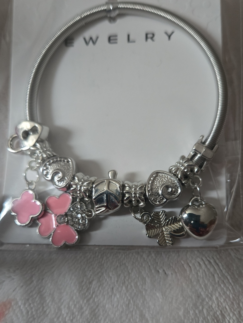 Silver Clover Charm Bracelet with Pink Clovers,  Flower and Heart Charms